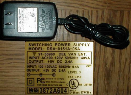 Dee Van DVE DSA-0151a-05a AC Adapter 5vdc 2.4a 2400ma Barrel Wall