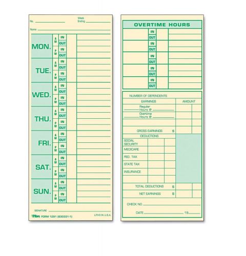 Tops Monday-Sunday Time Cards Overtime Space and Full Payroll Calculations