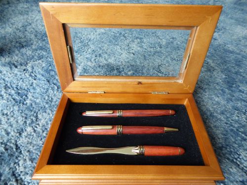 3 pc wood pen &amp; letter opener set wood &amp; glass display box office desk accessory for sale