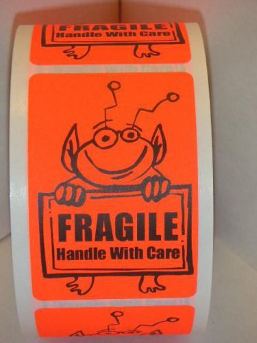 50 FRAGILE HANDLE WITH CARE Cute Alien Holding Sign Sticker Label red fluor