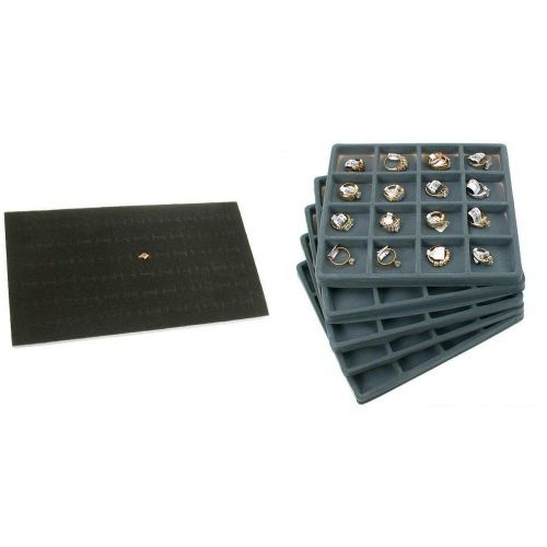 Black 72 Slot Jewelry Ring foam &amp; Gray 16 Slot Flocked Tray Inserts Kit 6 Pcs