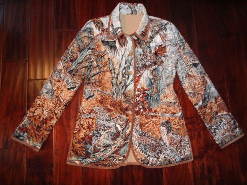 Wathne Reversible Wool/Ctn to Silk Jacket Size XS-Birds &amp; Foliage w/Suede Trim