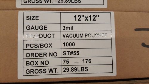 12 x 12 VACUUM POUCH, 3MIL, 1,000CT FDA APPROVED