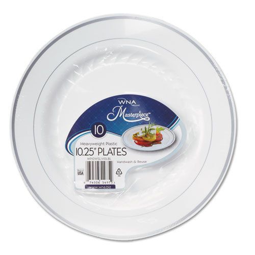 Masterpiece Plastic Dinnerware, White/Silver, 10 1/4, 10/Pack