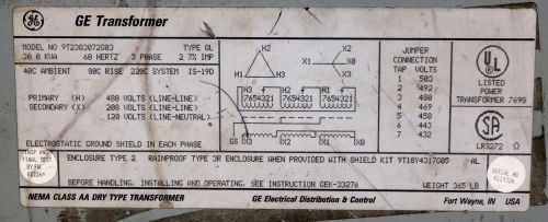 480-208/120V 30KVA 3Phase GE Dry Transformer General Electric