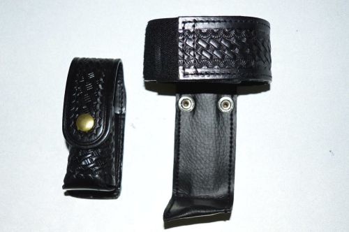 Law Pro - Leather Holder for Police: Radio, and Spray Holder.  Basket weave desi