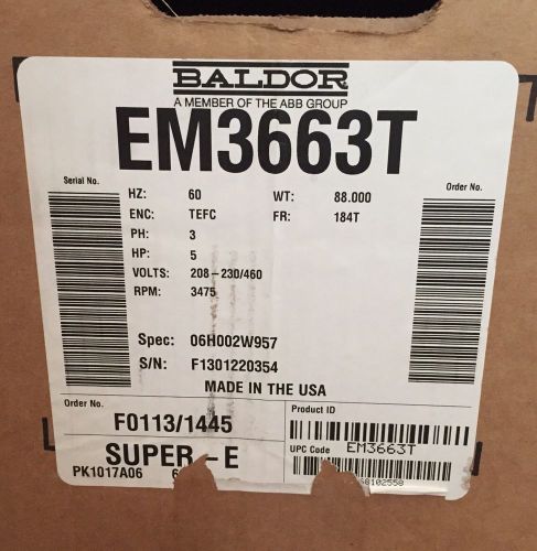 Brand new baldor super-e ~ 5 hp, 3500 rpm, ac motor cat no. em3663t ~ 230/460v for sale