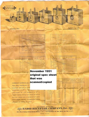 1951 spec sheet replica for SELETRON, Radio Receptor selenium power rectifiers