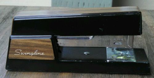 VINTAGE WOODGRAIN BROWN SWINGLINE 737 DESKTOP METAL STAPLER COMPACT! WORKS! USA!