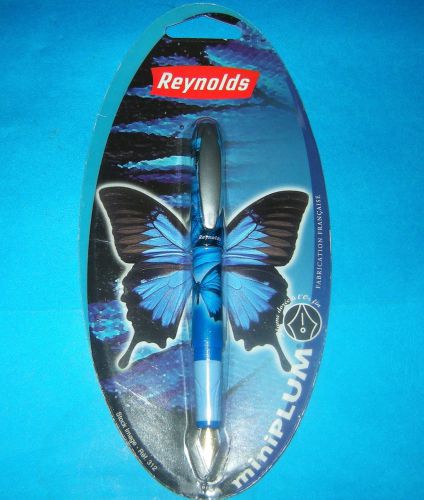 REYNOLDS FOUNTAIN PEN BLUE BUTTERFLY DESIGN GOLD NIB RUBBER GRIP PLASTIC BARREL