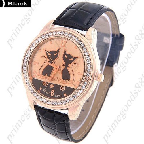 Cat cats rhinestones pu leather quartz lady ladies wristwatch women&#039;s black for sale