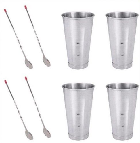 4 PC S/S Milk Shake Malt Cup Cups 30oz &amp; 4 PC Bar Spoons 11&#034; SLMC001, &amp; SLKBS001