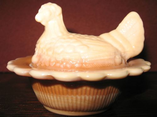 Brown milk glass salt cellar hen / chicken on nest basket dish rooster chocolate