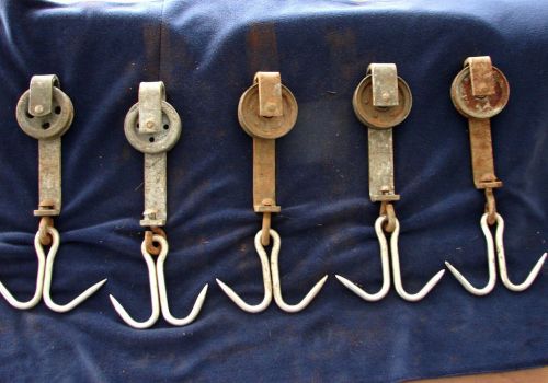 Lot of 5 Heavy Duty DOUBLE Meat Processing Hooks+Pulleys~Beef-Deer-Elk-Taxidermy