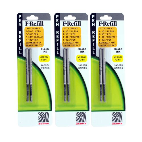 Zebra F301, Ballpoint Pen Refills, 1.0mm, Medium Point, Black Ink, Pack of 6