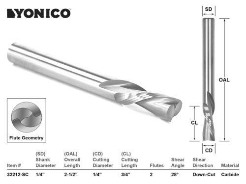 CNC Router Bit Down Cut Solid Carbide 1/4&#034;X 3/4&#034; X 1/4&#034; X 2-1/2&#034; YONICO 32212-SC