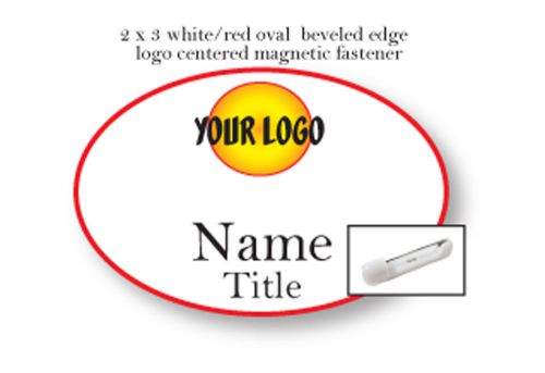 1 oval white / red name badge full color logo 2 lines of print pin fastener for sale