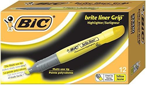 BIC Brite Liner Grip Highlighter, Tank, Chisel Tip, Yellow, 12-Count