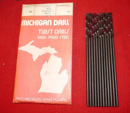 Michigan drill 906 #27 .1440&#034; lot of 12 hs aircraft drill 6&#034; oal 135 deg usa for sale