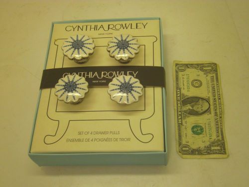 NEW NIB [4] CYNTHIA ROWLEY CABINET DRAWER PULLS HANDLE WHITE SILVER BLUE CERAMIC