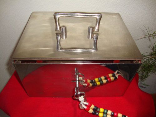 Vtg. 1920&#039;s art deco steel alarm safety box, jewelry safe box lock w/ key nr for sale