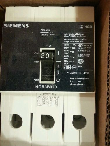 Siemens ngb3bo20b 3 pole 20 amp circuit breaker for sale