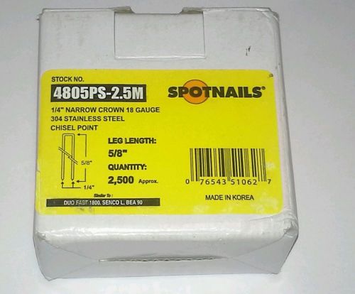 NEW 4805PS-2.5M SPOTNAILS 1/4&#034; NARROW CROWN 18GA SS CHISEL POINT 5/8 LONG 2500PC