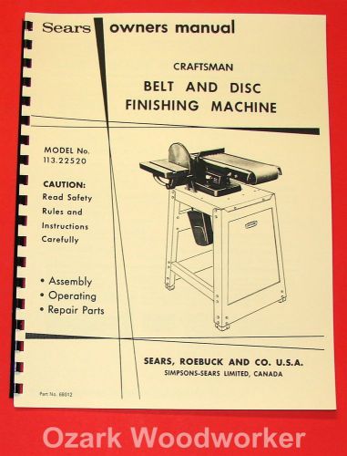 Craftsman 6&#034; belt and disc sander 113.22520 operation &amp; parts manual 1045 for sale