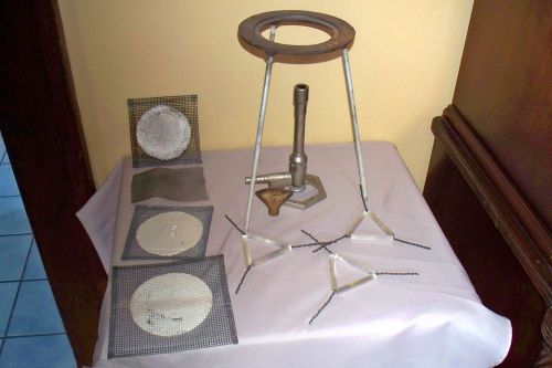 Fisher Scientific Bunsen Burner , Tripod Stand, 4 screens, three glass spacers