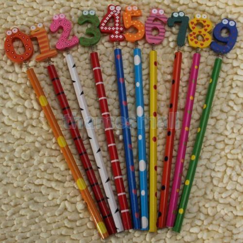10pcs cute cartoon numbers 0-9 decorating wooden pencils for school kids for sale