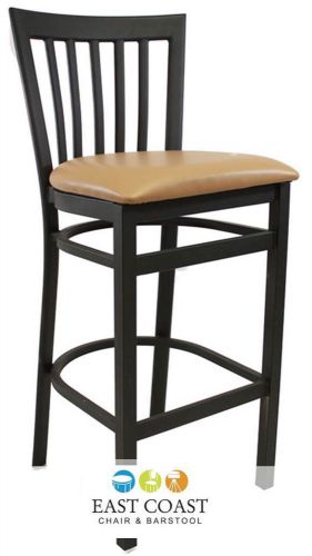 New Gladiator Full Vertical Back Metal Restaurant Bar Stool with Tan Vinyl Seat