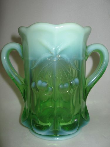 Green opalescent glass Cherry and cable pattern spooner vase dish flowers sugar