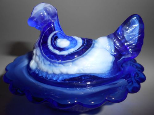 Cobalt blue milk slag glass salt cellar hen chicken on nest basket white marble