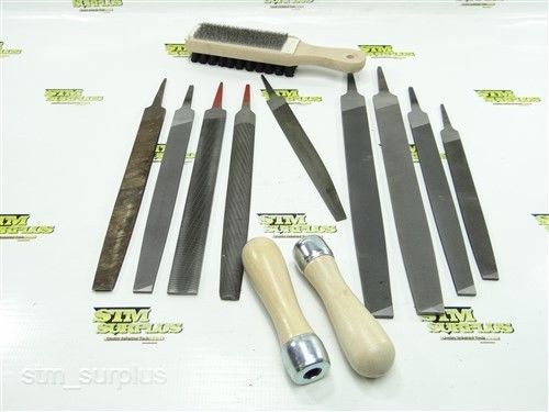 NICE LOT OF 9 HAND FILES 10&#034; TO 14-1/2&#034; WITH 2 NEW HANDLES &amp; BRUSH NICHOLSON