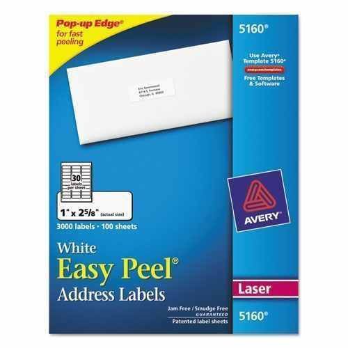 AVERY 5160 EASY PEEL WHITE ADDRESS LABELS FOR LASER PRINTERS 1 X 2 5/8&#034; 3,000/BX