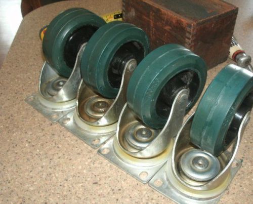 SET of 4 HEAVY DUTY GREEN SWIVEL CASTERS WHEELS.4 x 1.5&#034;.polyurethane+steel