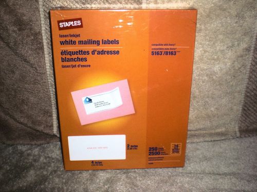 Staples 2&#034;x4&#034; Laser/Inkjet White Mailing Lables 250 Sheets 2500 Lablels (Sealed)