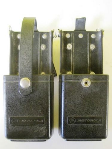 Lot of 2 motorola hard rubber radio case holder w/leather belt swivel clip mount for sale