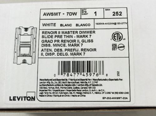 NEW - Leviton Renoir II Master Dimmer AWSMT-7DW White 1920VA-4432VA 120-277V