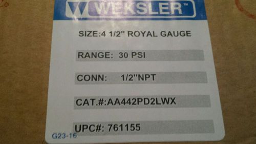 WEKSLER ROYAL METER GAUGE GAGE DIAL PRESSURE INDICATOR 0-30 PSI 4 1/2&#034; NEW