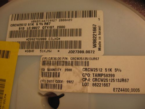 QTY: 900 UNITS P/N CRCW2512513JR67 RESISTOR 1W 5 % 200 ppm 51000 ohm