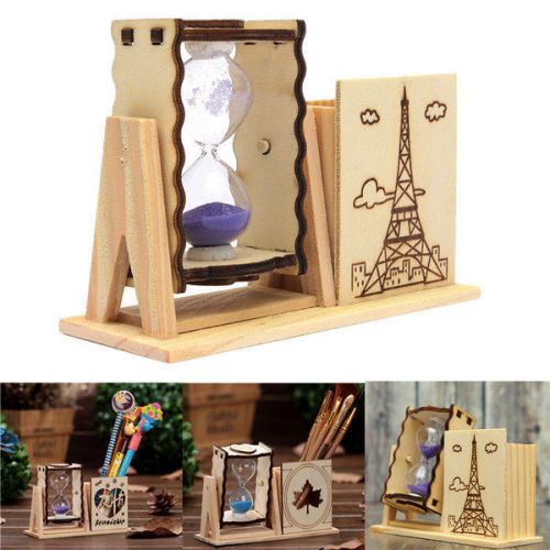 New Wooden Sandglass Hourglass Timer Sandy Clock With Pen Holder Random