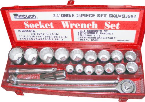 3/4&#034; drive -  21pc BOX SOCKETS SET sae  7/8 - 2 inch MINT ratchet EXT sliding T