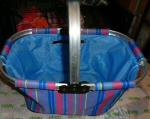 metal frame striped canvas shoppers fold up tote 15&#034; /10&#034; / 8&#034; inside zip pocket