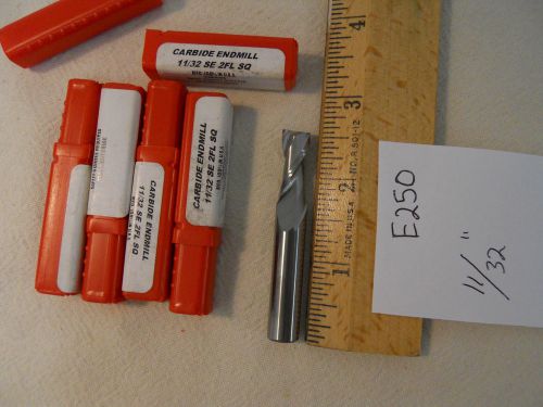 4 NEW 11/32&#034; DIAMETER CARBIDE END MILLS. 2 FLUTE. 3/8&#034; SH. MADE IN USA [E250]