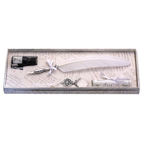 Coles Calligraphy Set includes Pewter Feather Quill - White/ Ink Bottle/ Magnify