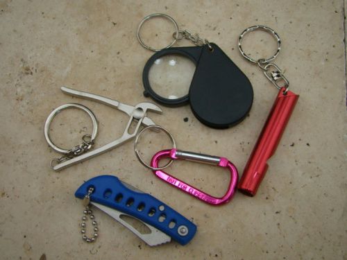 Gold Miners Special!! Lot of 5 Key Chains-Loupe-Wrench-Carabineer-Knife-Whistle