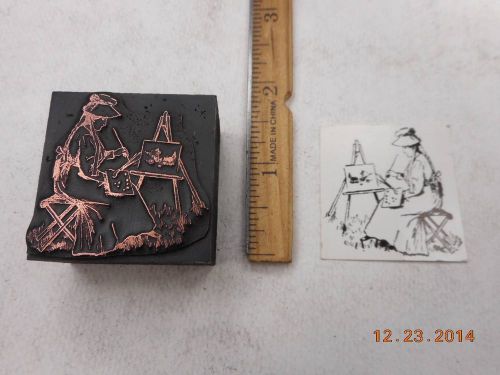 Letterpress Printing Printers Block, Female Artist painting Landscape on Canvas