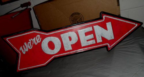 Embossed &amp; distressed metal we&#039;re open arrow bar theater cave shop garage sign for sale