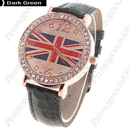 Union Jack Flag PU Leather Analog Wrist Quartz Wristwatch Women&#039;s Dark Green